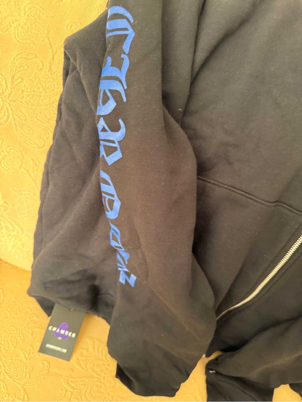 Chrome Hearts Black Zip Hoodie with Blue Sleeve Script